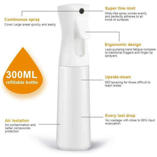 Fin dimsprayflaska Kontinuerlig vattensprayflaska Frisörspray 300ml/10 Oz för frisör, hudvård, bevattning av växter etc Vit (stor)，