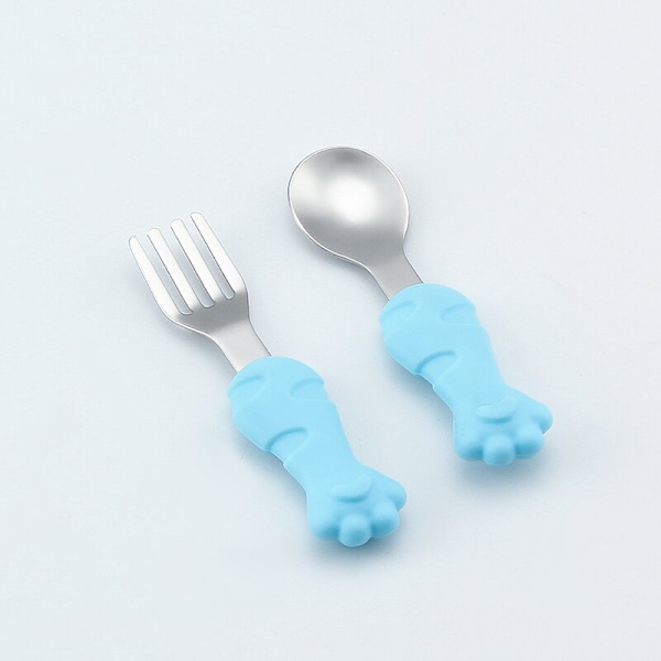 Baby gaffel ske sæt, børnegaffel og ske sæt fødevarekvalitet silikone 304 rustfrit stål ske og gaffel