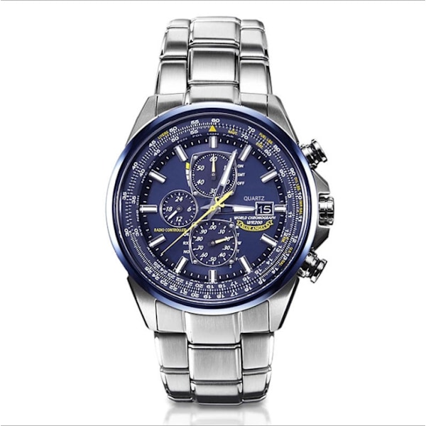 Men's Sport Luxury World Chronograph Atomic Time Keeping Watch in Stainless Steel, Blue Dial