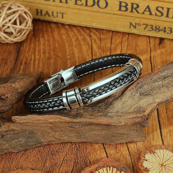 Svart läderarmband för män, tonårspojkar, silverfärgat rostfritt stål, justerbart spänne