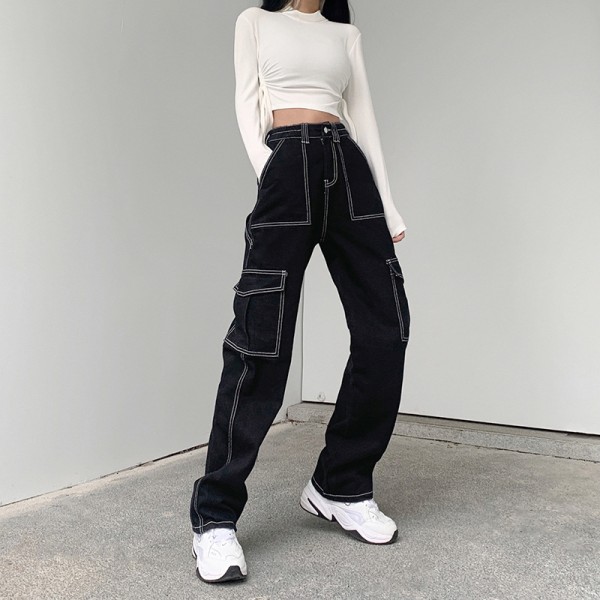Fickor Patchwork Baggy Jeans Mode Streetwear 100 % bomull Kvinna