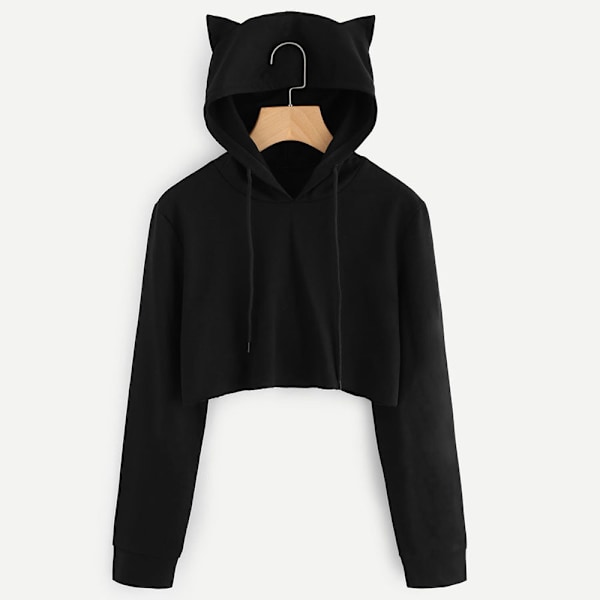 Kvinners langærmet hettegenser crop top katt trykk genser XXL