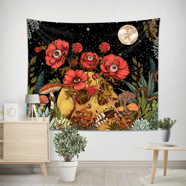 Skull Floral Tapestry, Trippy Mushroom Skeleton Goth Garden Aesth