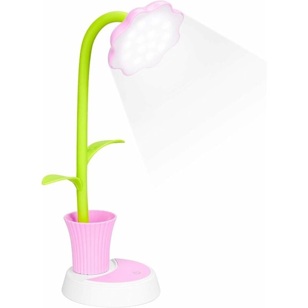 Barnebordlampe, LED-bordlampe, berøringssensor nattbordslampe, øyeleselampe med penneholder, USB-oppladbar barnebordslampe (rosa)