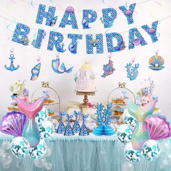 Dekorationer för sjöjungfrufödelsedagsfest, Happy Birthday Banner Par