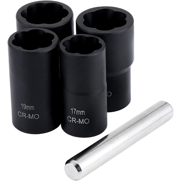 5-delt vriddkontaktsett, 1/2\" skadet boltekstraktor for fjerning av 17mm, 19mm, 21mm og 22mm hjullåsmuttere