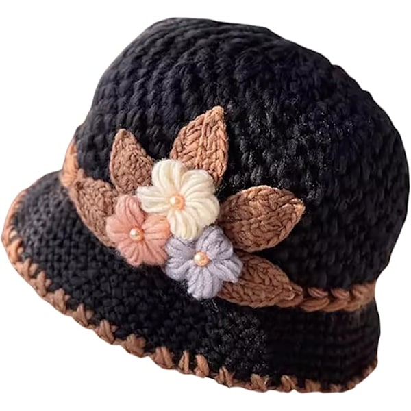 Fransk Tykk Dame Blomster Strikket Ullhatt Mote Beanie-hatt Dame Heklet-bøtte-hatt for Vinter