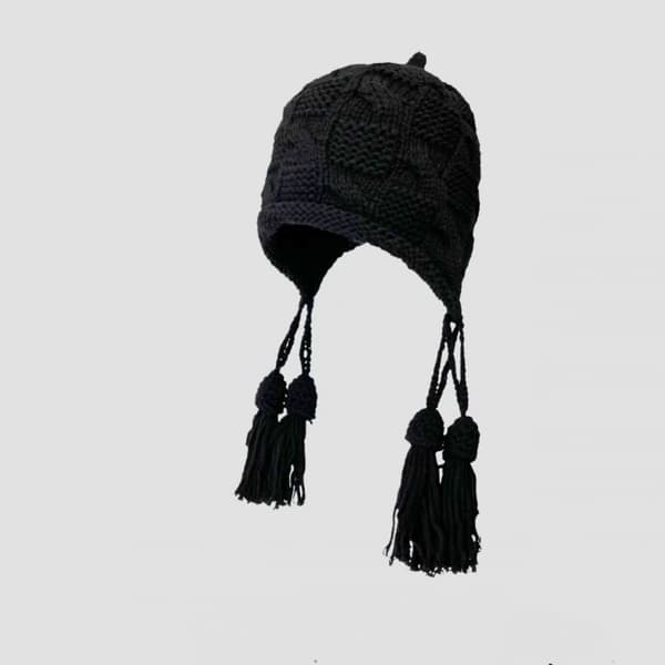 Strikkede Tassel Hat Vindtæt Varmt Vinter Øreklapper Hat Komfortabel til Efterår Sort M 56-58cm