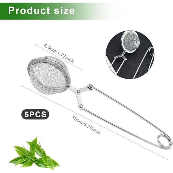 Tekule, 5 stk. te-tenger i rustfritt stål, kuleformet teinfuser, finmasket sil-tenger, teinfuser, for løs te og krydder Ø
