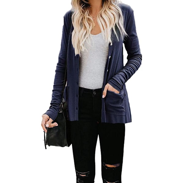 Dame Cardigans Knap Ned Solid Strik Løs Cardigans med Lomme