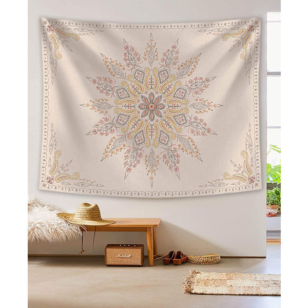 Bohemian gobelin vægophæng, beige hvid blomster gobelin med
