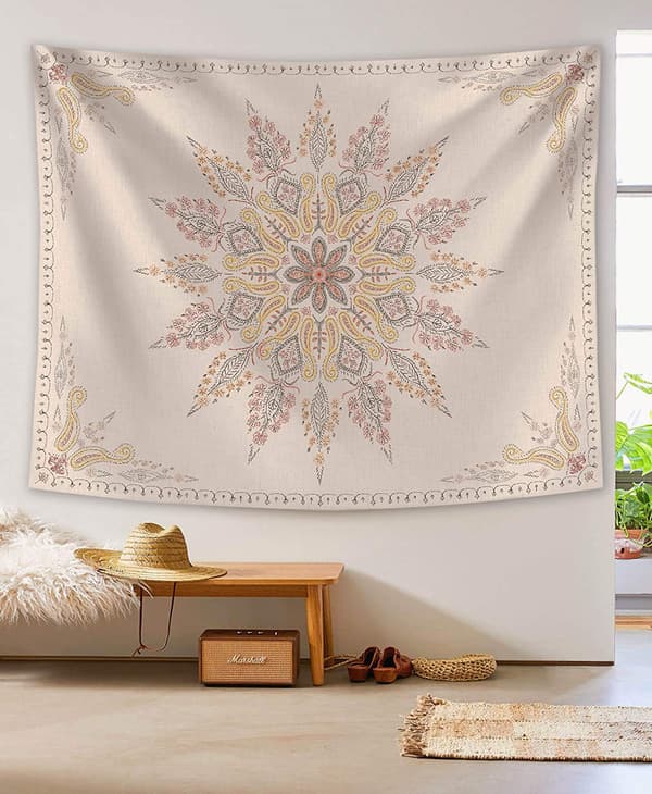 Bohemian veggteppe, beige og hvitt blomsterteppe med