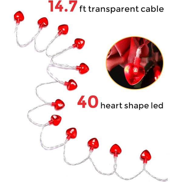14,5ft 40LED Valentinsdag Dekoration Lyskæde, Hjerteform