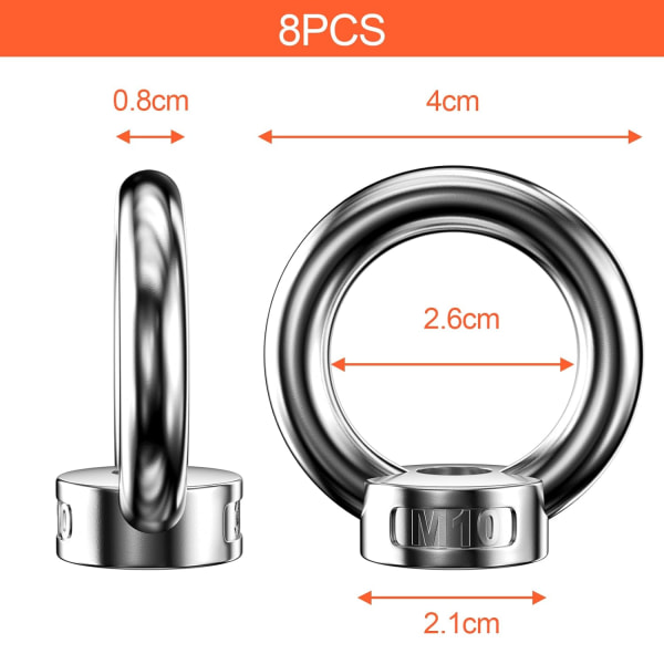 8 Pieces Ring Nut, 304 Stainless Steel Ring Nuts, M10 Eye Nut, Eye Nuts, L