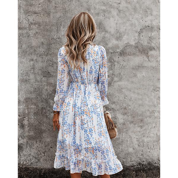 Naisten rento kukkakuvioinen pitkähihainen hulmuava boho-mekko - M