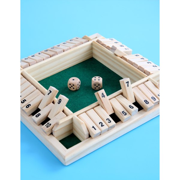 4-veis Shut The Box terningspill (2-4 spillere) for barn + voksne [4-sidig stort trebrettspill, 2 terninger + Shut-The-Box-regler] Smart spill for å lære tall, strategi + risikostyring