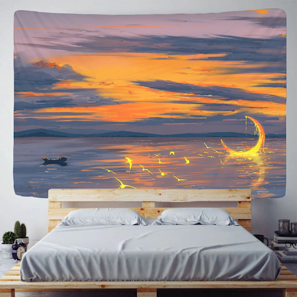 Estetisk väggbonad för rumsdekoration, måne som stiger över havet, landskapstapet, hippie-boho-tapeter för sovrum 150*100 cm