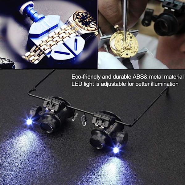Ögonförstorare, Ögonglasögon Lupp med LED-ljus Professionella Ögonreparationsglasögon för Klocka 20 x Lupp Juvelerare Verktyg Lins Lupp