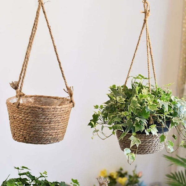 Jute Rep Hängande Planter - Hopvikbar Sjögräs Makramé Korg -