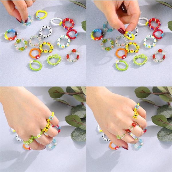 Boho 15stk Blomsterfarvede Perleringe Justerbare Ringe Kvinder Børn Smykker Gaver