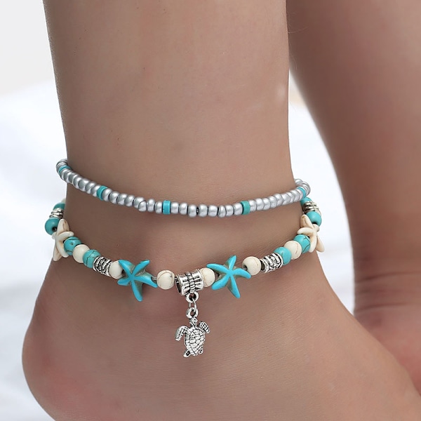 2 stk. Boho Skal/søsstjerne/skildpadde/væve ankelkæder armbånd perler A