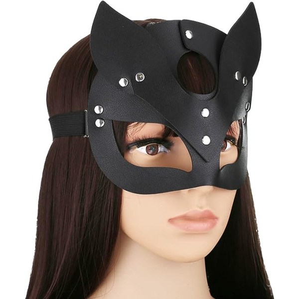 Svart lyxig läder katt räv maskeradmask för kvinnor