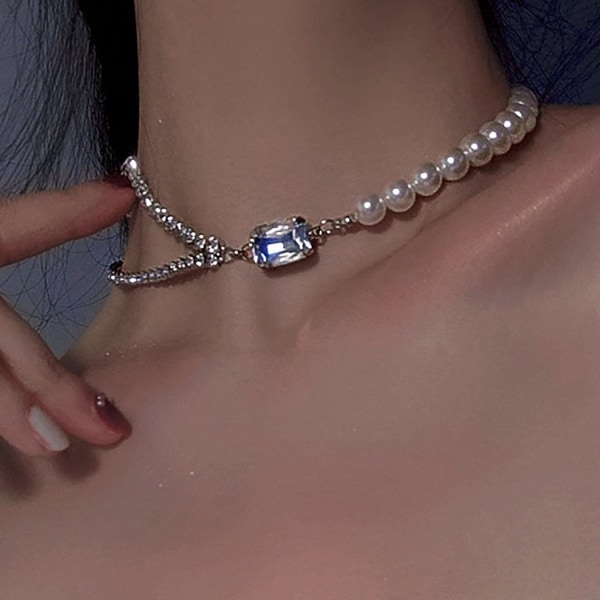 Rhinestone Pearl Choker Halskjede Sølv Krystall Anheng Halskjeder