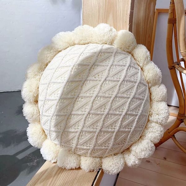 Boho-tyyny hapsuilla, pyöreä koristetyyny sänkyyn ja sohvatyynyihin, sisätiloihin, koristetyynyt täytteellä, 50 cm, beige