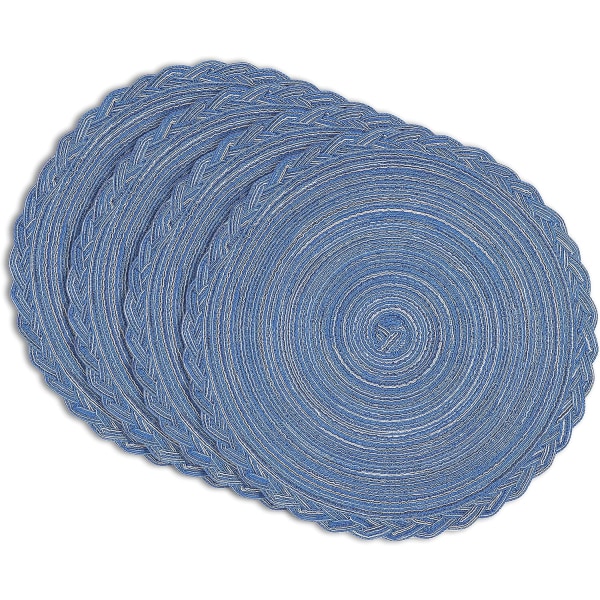 Runde vevde plassmatter, 4 stk, 14,8\" flettede vevde plassmatter, attraktive kjøkkeninnredningsplassmatter | Runde plassmatter som bordmatte | Marineblå - flettet kant, sett med 4
