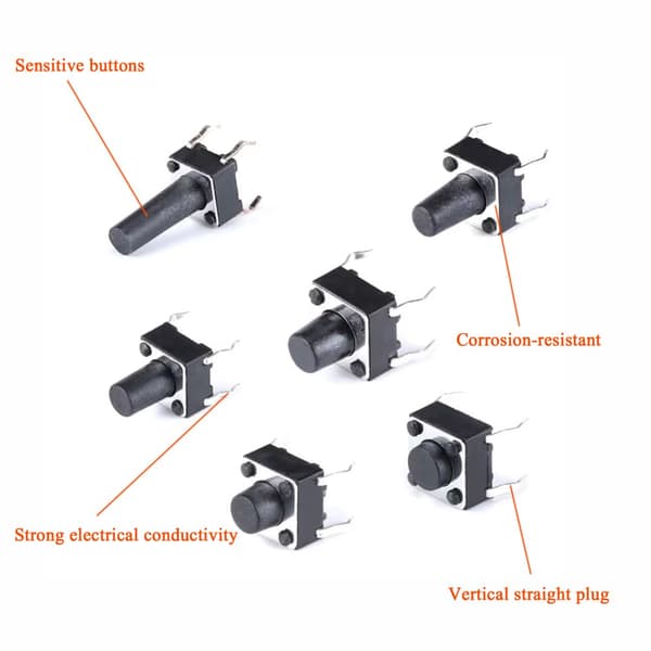Taktil tryckknappsswitch, Taktil switch-sortimentssats, 4-polig momentan tryckknappsswitch, Mikro momentan tryckknappsswitch, för PCB-kort, 200 st