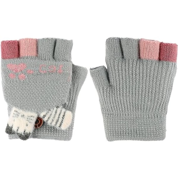 Barn konvertibla fingerlösa handskar, söta djur vintervarm stickad