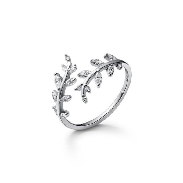 925 Sterling Silver Sweet Romantic Zircon Open Gren Small Leaf Justerbar Ring