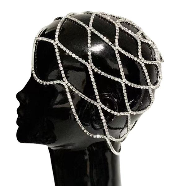 Rhinestone Mesh Headpiece Cap Silver Roaring 20s Crystal Flapper