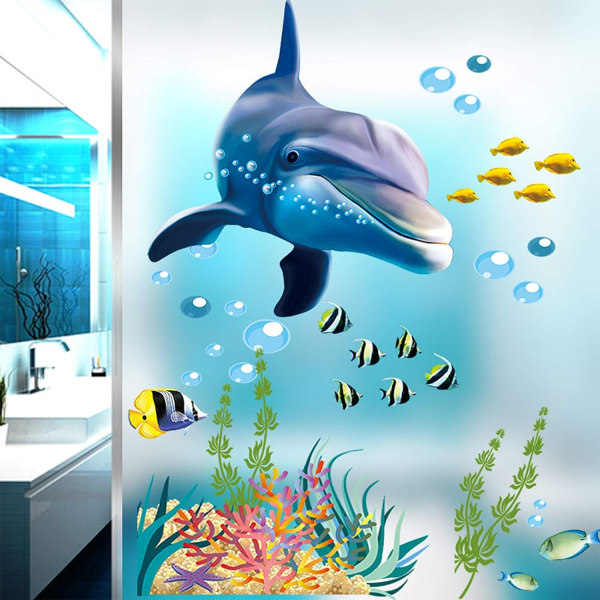 Akvarell Ocean Blue Whale väggdekal, 3D under havets världsliv marina djur