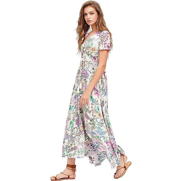 Kvinnor Knäpp Upp Blommig Tryck Fest Split Flytande Maxi Klänning XL