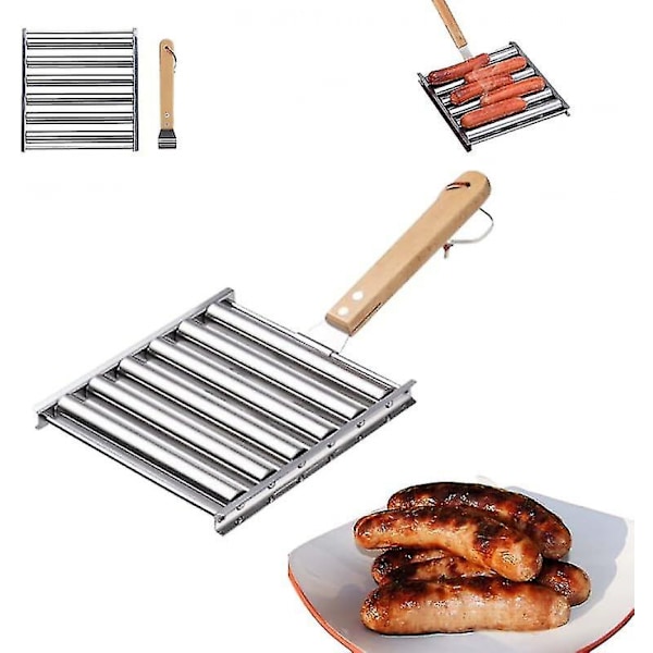 Pølsegriller for Grill, Pølsegriller Grill Rist i Rustfritt Stål med Ekstra Langt Trehåndtak, BBQ Pølsegriller for Jevn Tilberedning