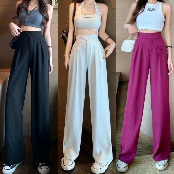 Dam Casual High Waisted Plisserad Bredben Palazzo Byxor