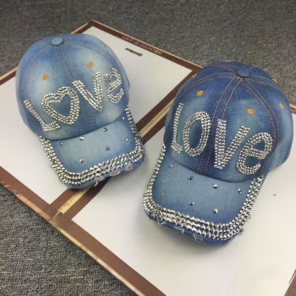 Rhinestone Bling Love Baseball Peaked Cap Adjustable Hat, 1pc-light blue
