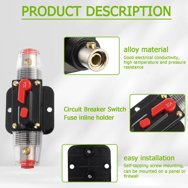 30A Strømafbryderkontakt 30 AMP Sikring Inline Holder 12V-50V DC Manuel Reset Knap til Bil Audio Lydforstærker System RV Hjem Marine Båd Lastbil