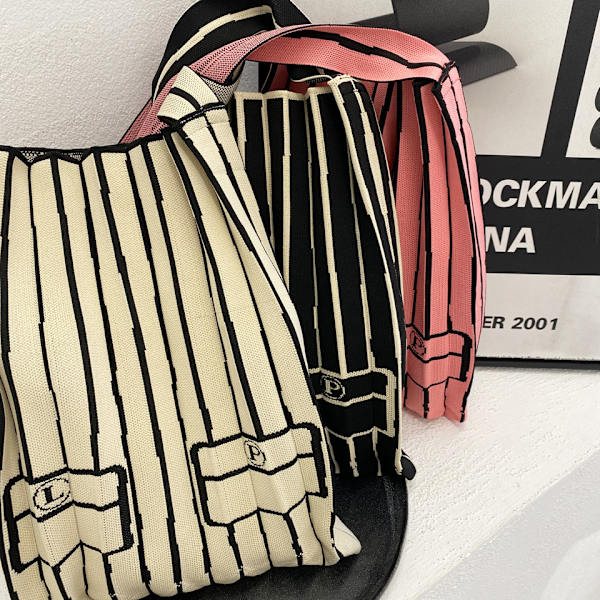 Japansk stickad plisserad dam Tote Bag axelväska randig hopfällbar crossbody väska