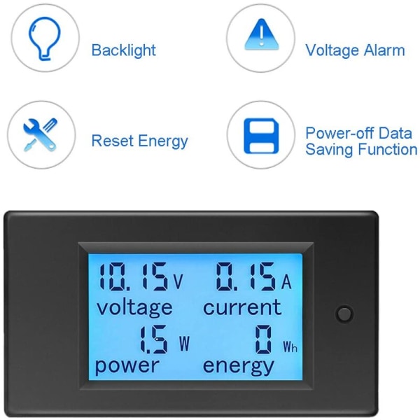Voltmeter Ammeter 12V DC 6.5-100V 20A, Voltmeter Wattmeter Tester Spænding Strøm Effekt LCD Digital Energimåler DC20A