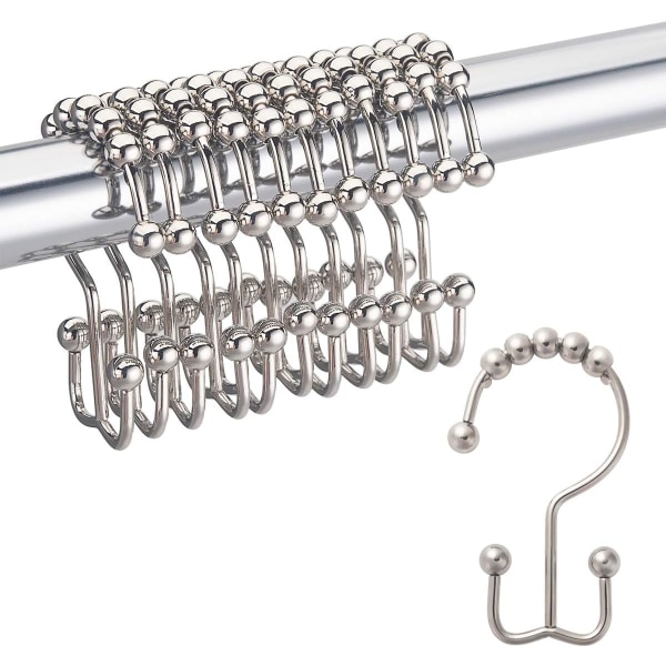 Duschdraperikrok Rostfri Duschdraperiring Metall Dubbel Glidande Rullgardin Duschkrok för Badrum Duschdraperistång Gardiner, Set om 12, Nickel