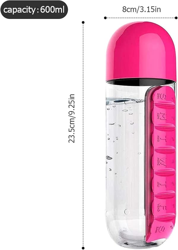 Bærbar 2-i-1 pilleæske/flaske - 600 ml (Pink)