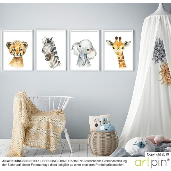 Sett med 4 plakater dekorasjon for barnerom - baby gutt eller jente plakater - jungel safari dyr - veggdekorasjon A4 - bilde sjiraff elefant sebra tiger（Uten fotoramme） 21*30CM