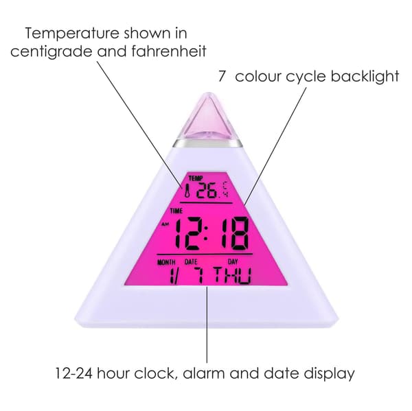 7 LED Pyramide Fargeskiftende Digital Vekkerklokke