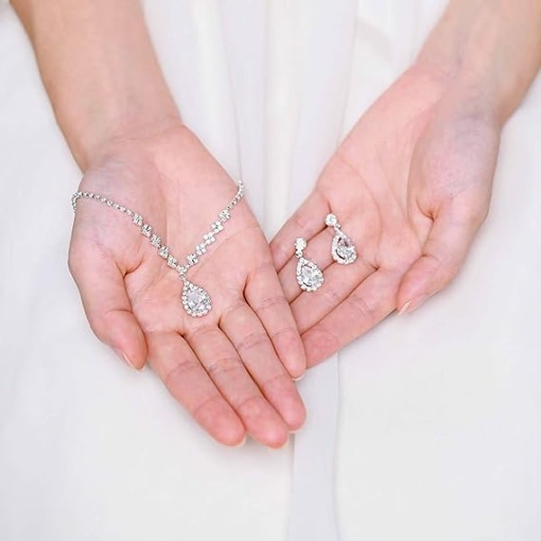 Brud Bryllup Halskjede Øredobber Sett Sølv Rhinestones Halskjeder Brud Krystall