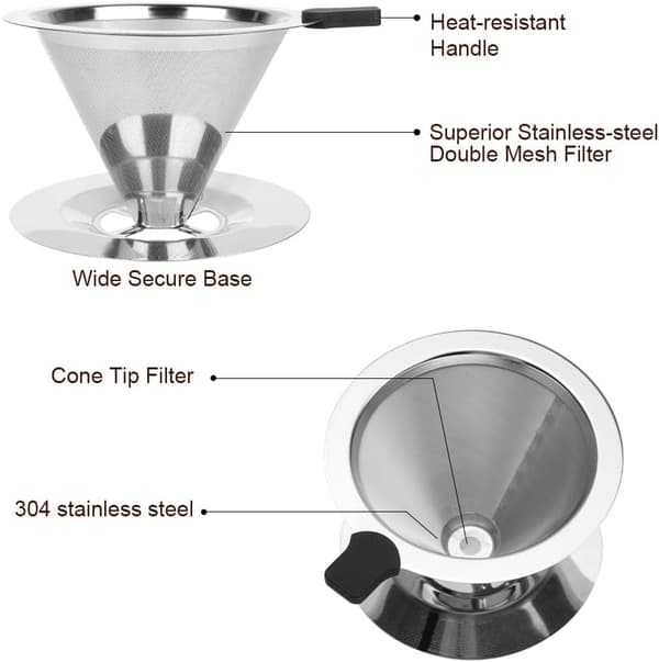 Permanent Kaffeefilter, 800 Mesh Rustfrit Stål Kaffeefilter, Langsom Dryp Genanvendeligt Dobbelt Mesh Keglefilter, til Manuel Kaffe Brygning