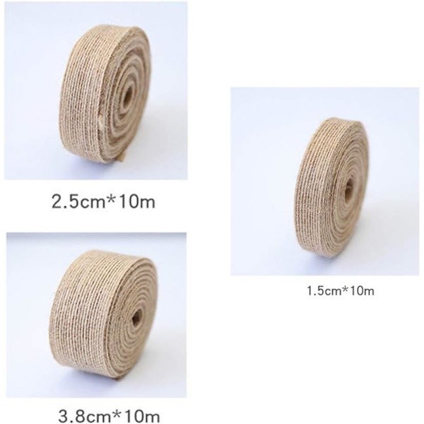 3 ruller/30m jute burlap håndværk natur burlap bånd, kunst bånd til bryllup begivenheder fest og hjem indretning DIY håndværk bryllup dekorationer(1.5cm,2.5cm,3.8cm)