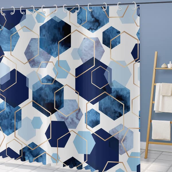 Blå badrumsdraperi, modernt marinblått nätbadrumsdraperi geometri abstrakt