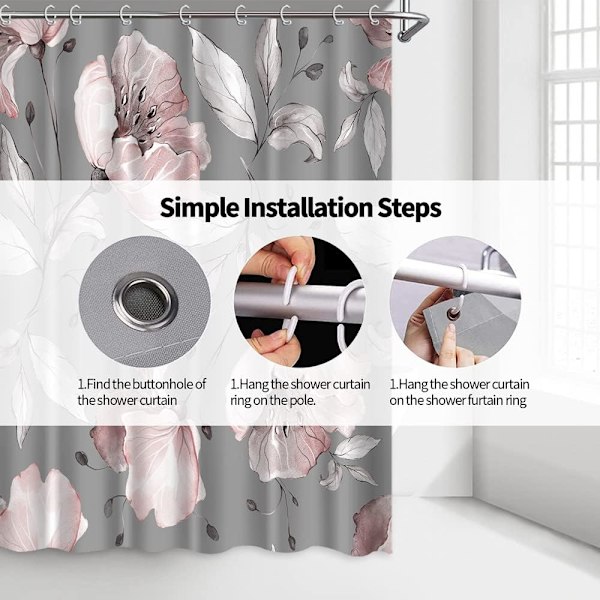 Elegant Pink Floral Shower Curtain Grey Leaf Floral Grey Fabric S